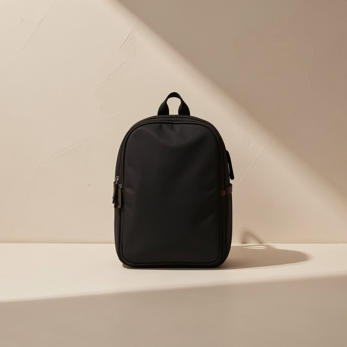 Camlisten – Plain black zip backpack standing upright against a beige wall, with a top handle and side zip pockets