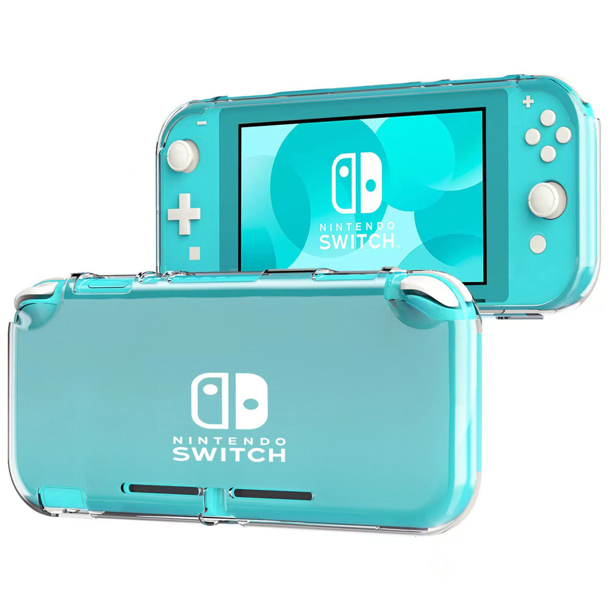 Glasshell Clear Soft Shell Case on a turquoise Switch Lite, back and front views side by side