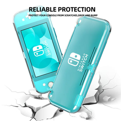 Glasshell – Clear case on a turquoise Switch Lite standing above cracked white ground with protection text