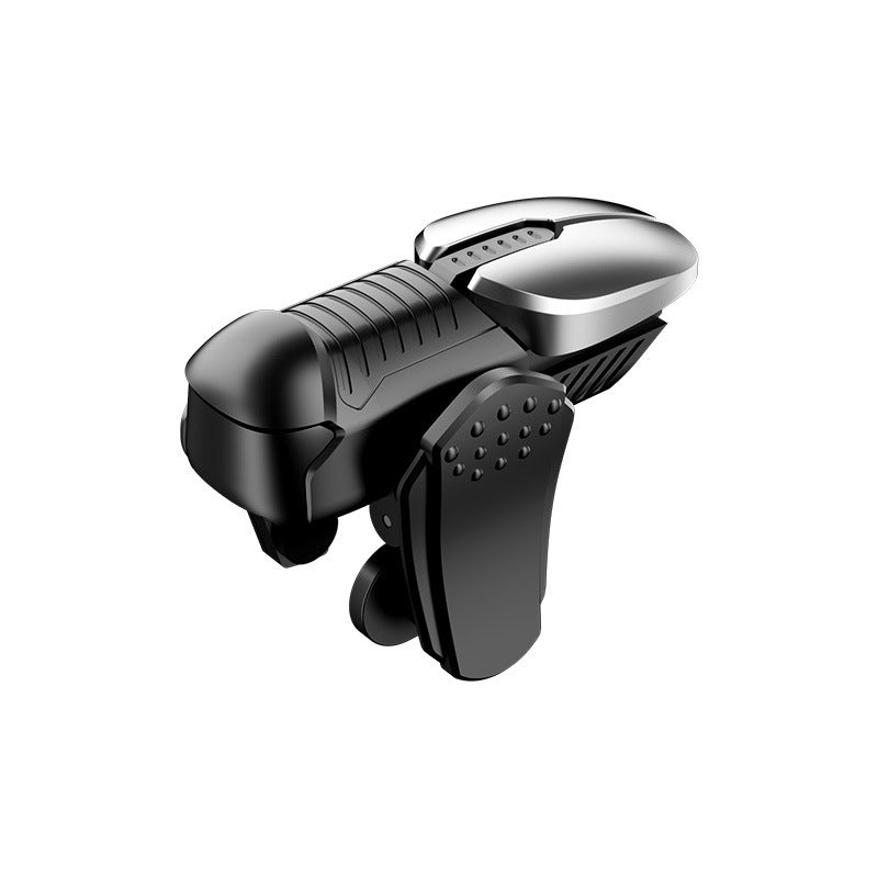 Trigpulse – Single black and silver mobile game trigger with ridged body and dotted clip on a white background