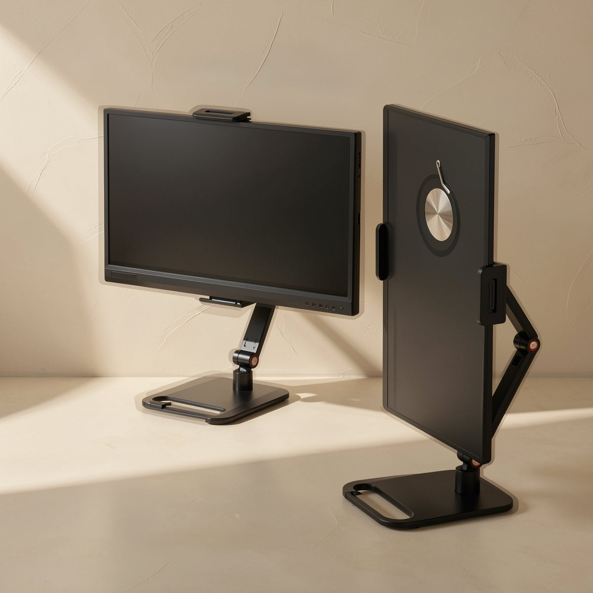 Aluperch Folding Aluminum Alloy Phone Holder in black, shown in two tablet stands in landscape and portrait