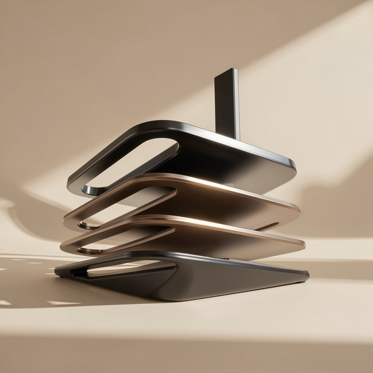Aluperch – Stack of four flat black and bronze metal stand bases with cutout handles and a vertical post, side view