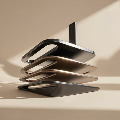 Aluperch – Stack of four flat black and bronze metal stand bases with cutout handles and a vertical post, side view