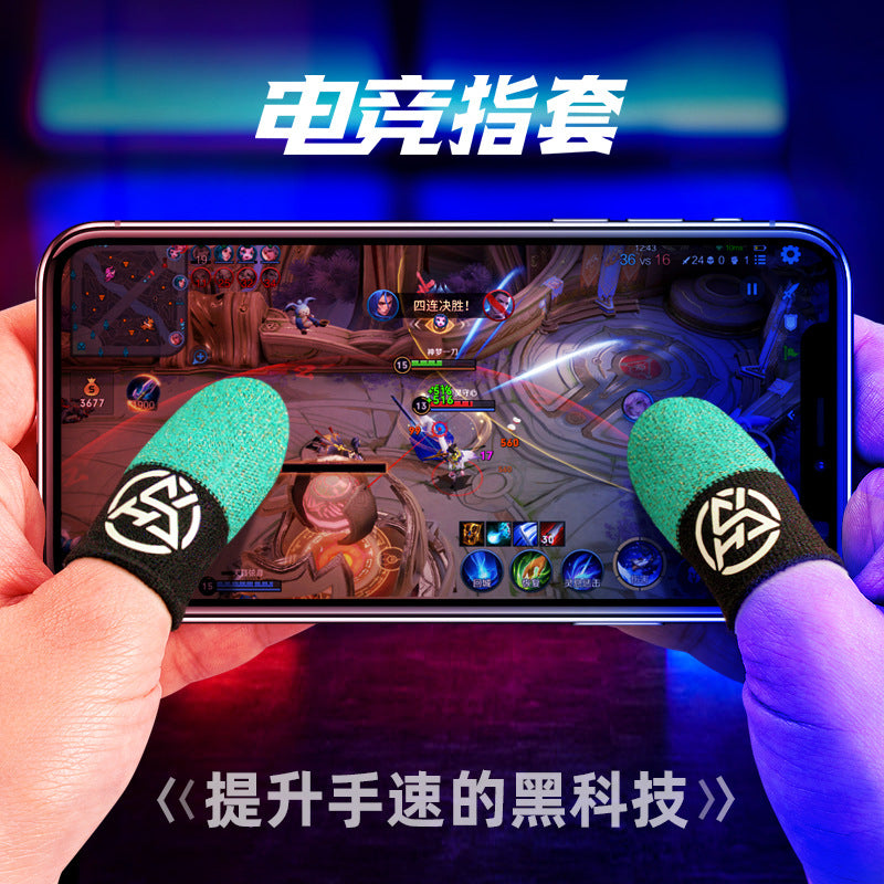 Loomtap – Green and black finger sleeves worn on both thumbs while playing a mobile game on a phone