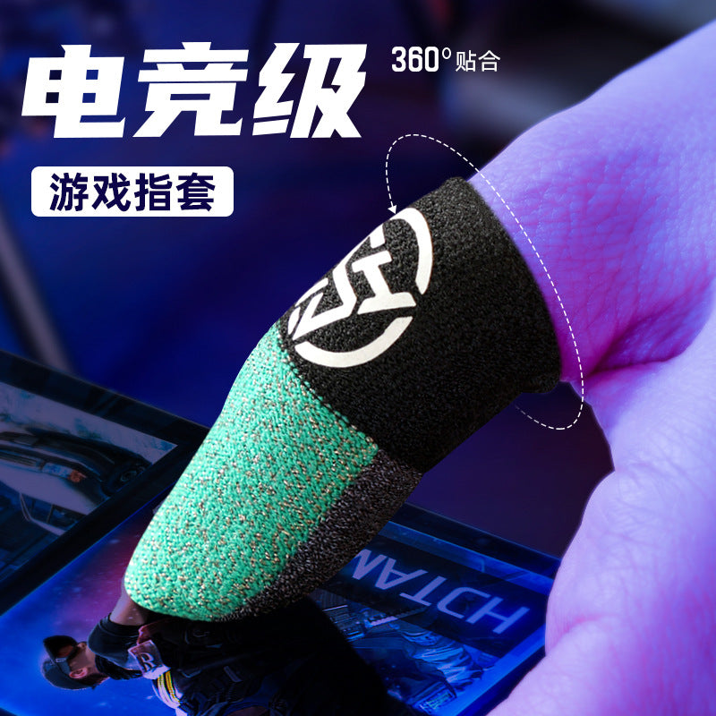 Loomtap – Close-up of a green and black knitted finger sleeve fitted around a thumb above a game screen