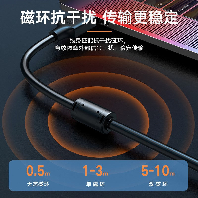 Reachwire – Cable with a ferrite ring plugged into a laptop, with orange signal circles and ring length guide