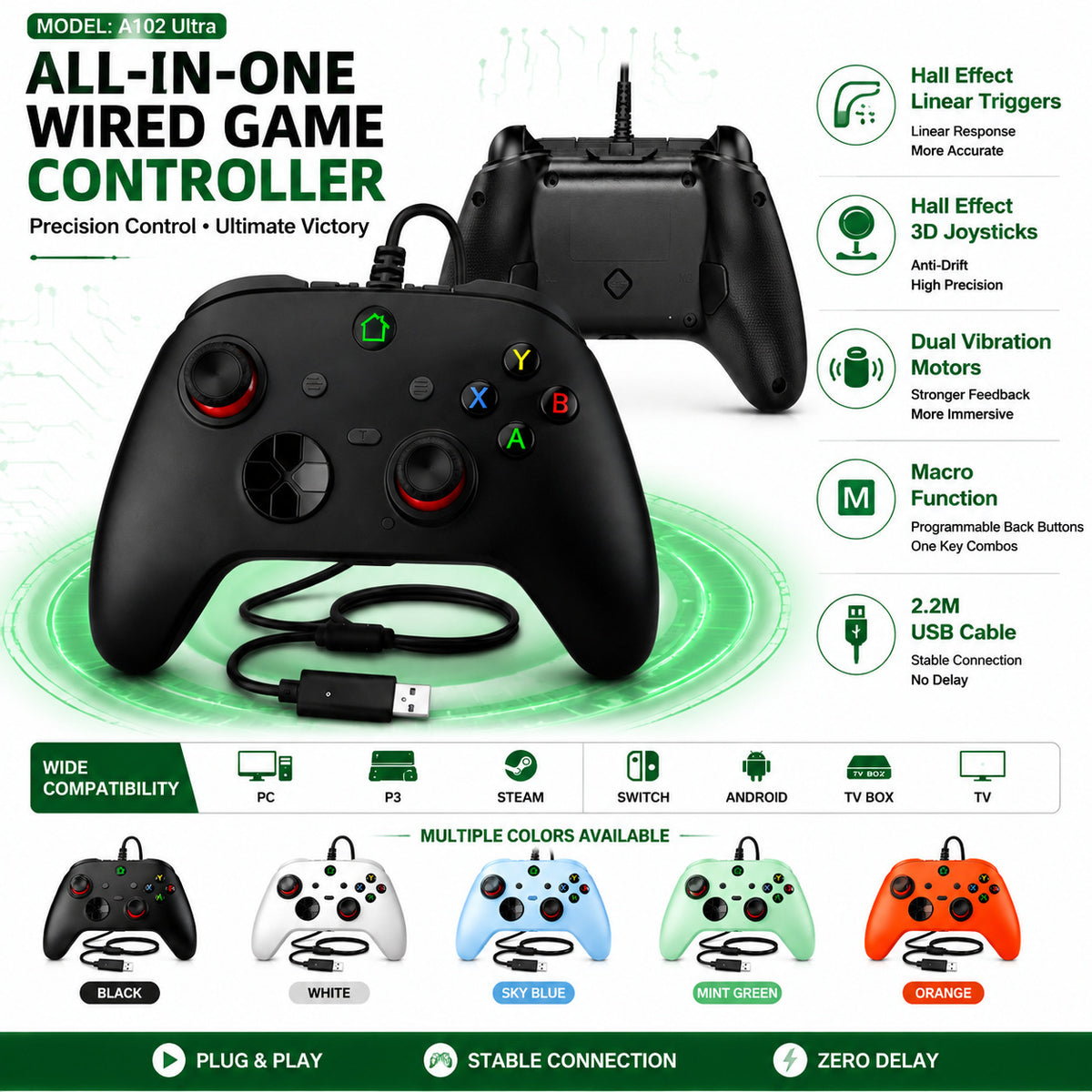 Duovibe USB wired game controller in black with feature callouts and five colour options along the bottom