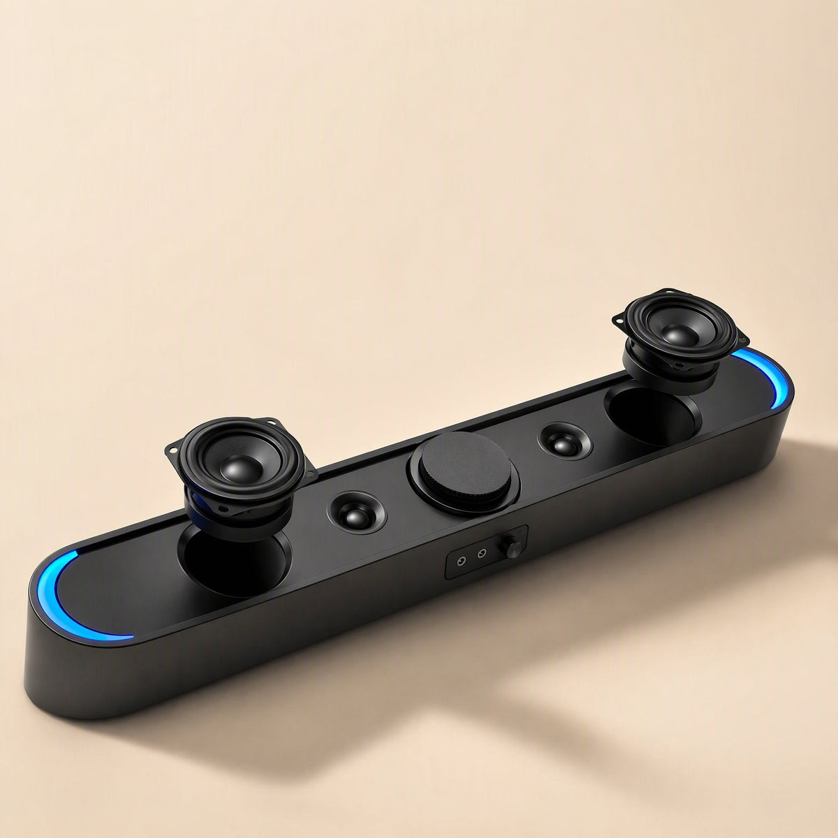 Desksonic – Soundbar with grille removed, showing two woofers, two small tweeters, a center knob and blue end lights