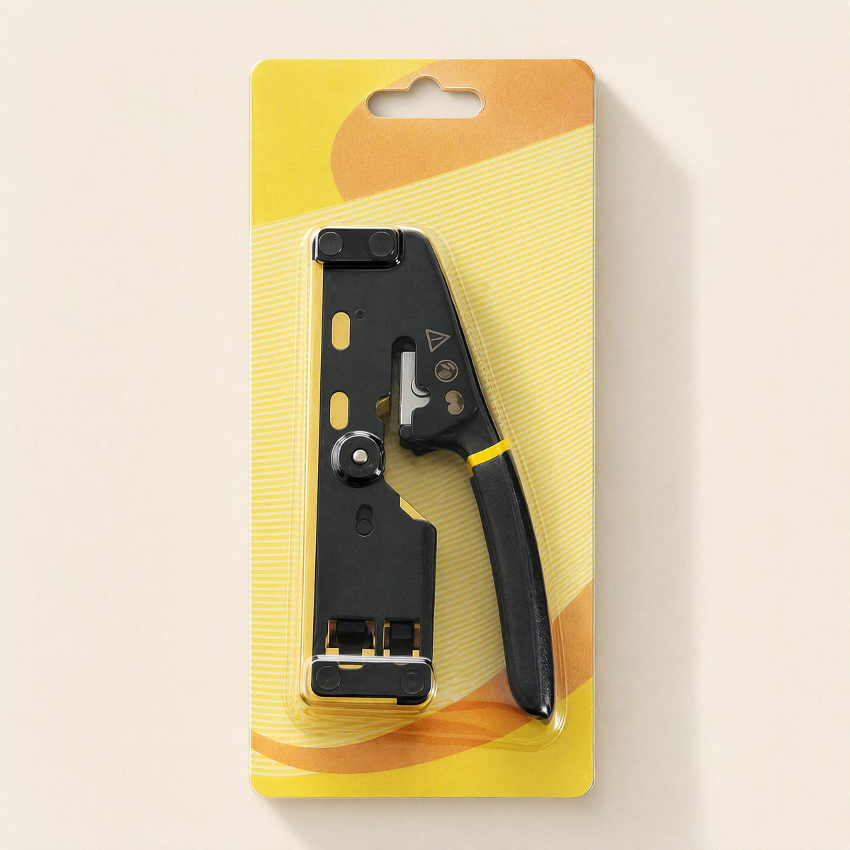 Cablepress – Crimping pliers in retail blister packaging on a yellow and orange card, with a warning symbol near the blade