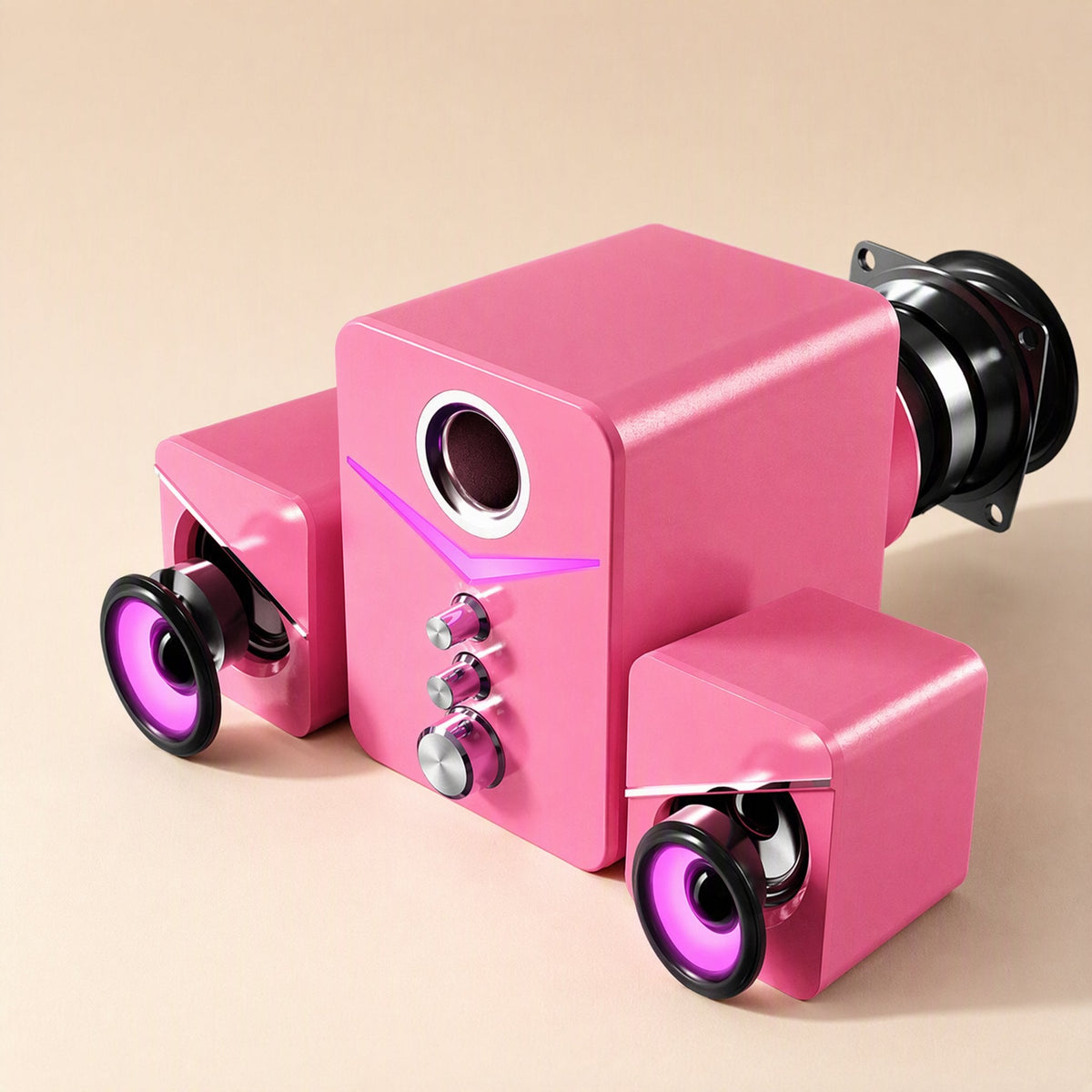 Soundbud – Pink speaker set angled to show black speaker drivers with purple glow on the satellites and subwoofer