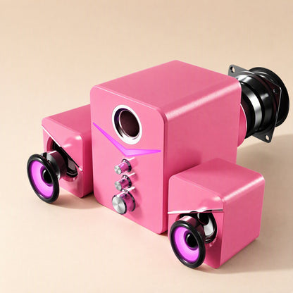 Soundbud – Pink speaker set angled to show black speaker drivers with purple glow on the satellites and subwoofer