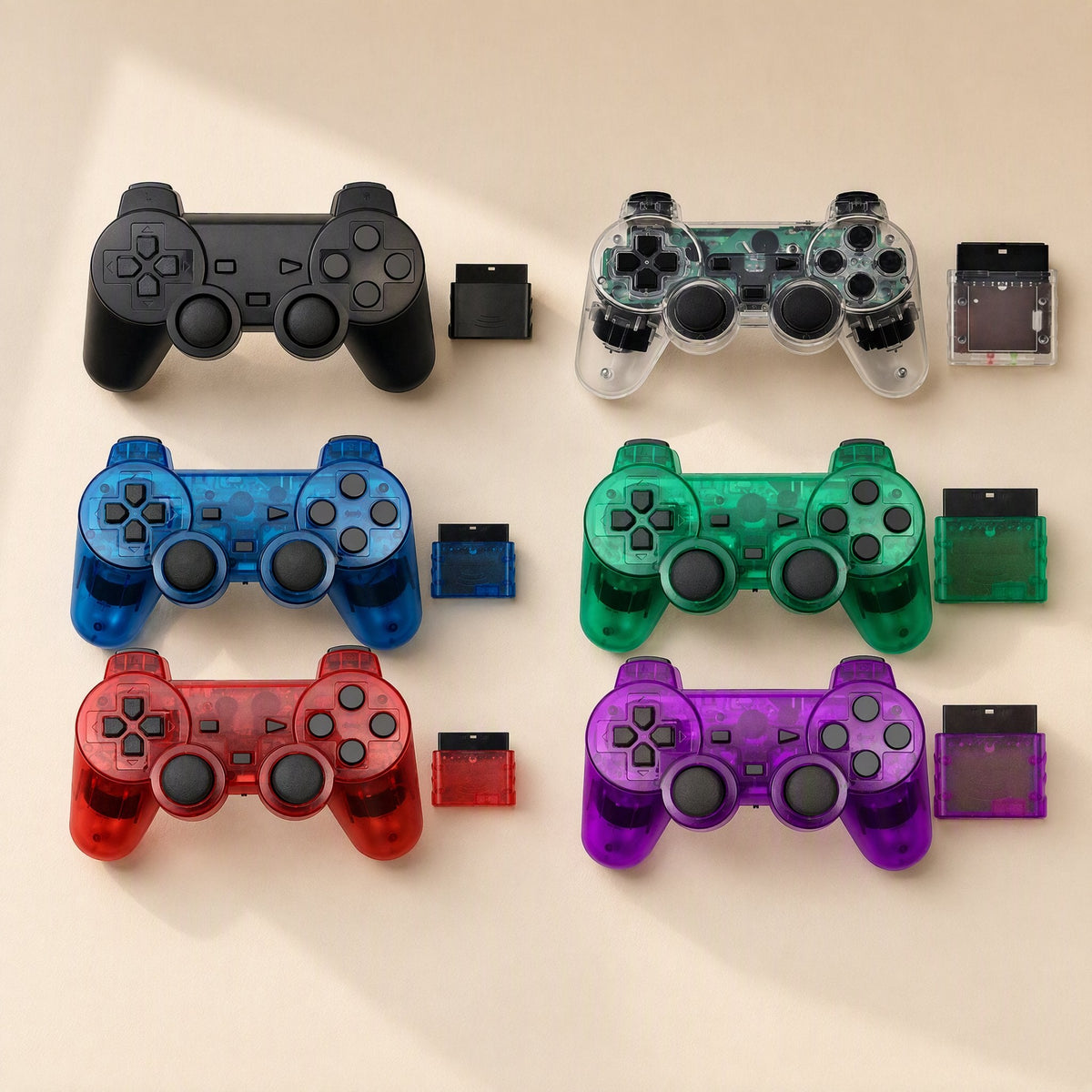 Playwave PS2 Wireless Game Controller in black, clear, blue, green, red and purple with matching receivers
