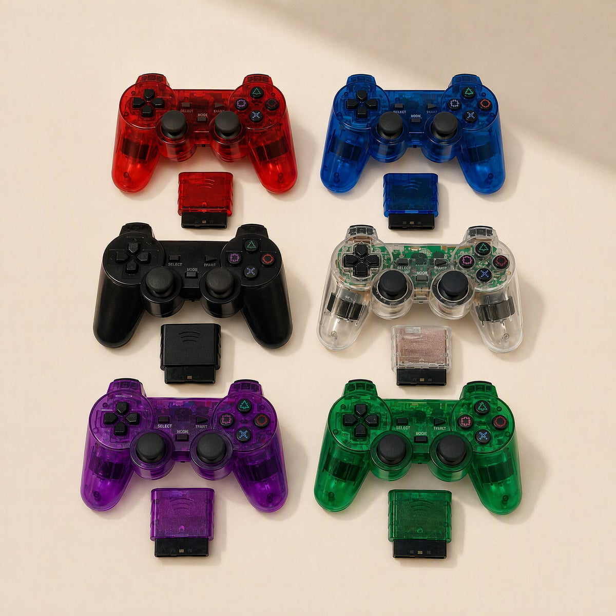 Playwave – Six colored controllers in a grid, each above its receiver: red, blue, black, clear, purple and green