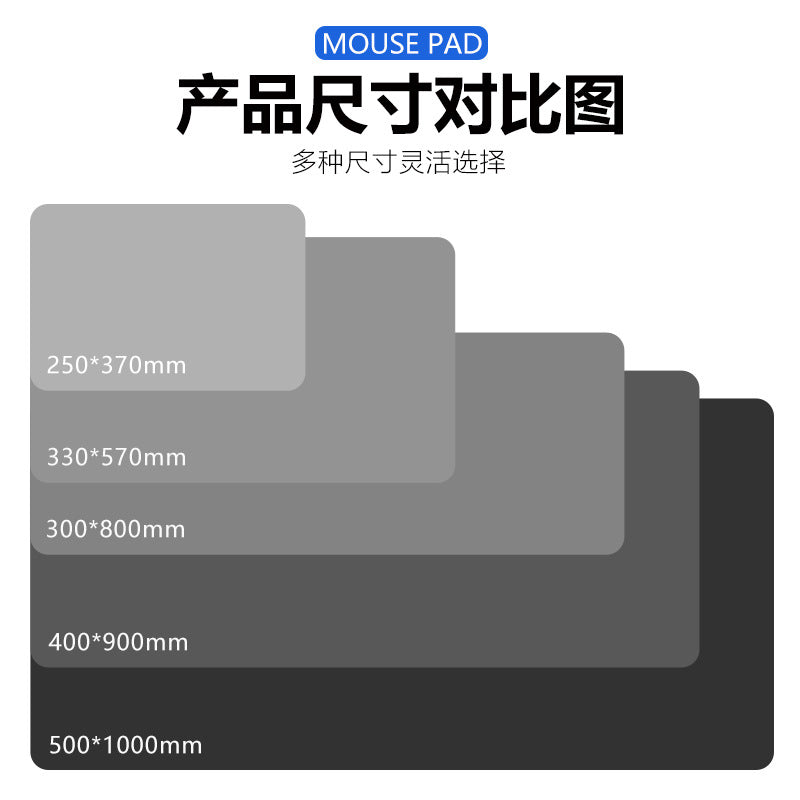 Mechglide Gaming Mouse Pad – size comparison chart of five mouse pad sizes from 250x370mm to 500x1000mm in shades of grey