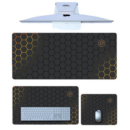 Mechglide Gaming Mouse Pad – hexagon-print pad in three sizes: large desk mat, medium with keyboard, and small with a mouse