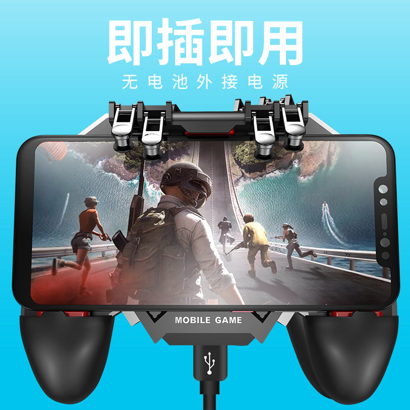 Coolgrip – Smartphone mounted in the controller showing a battle game, with a USB cable plugged in at the bottom