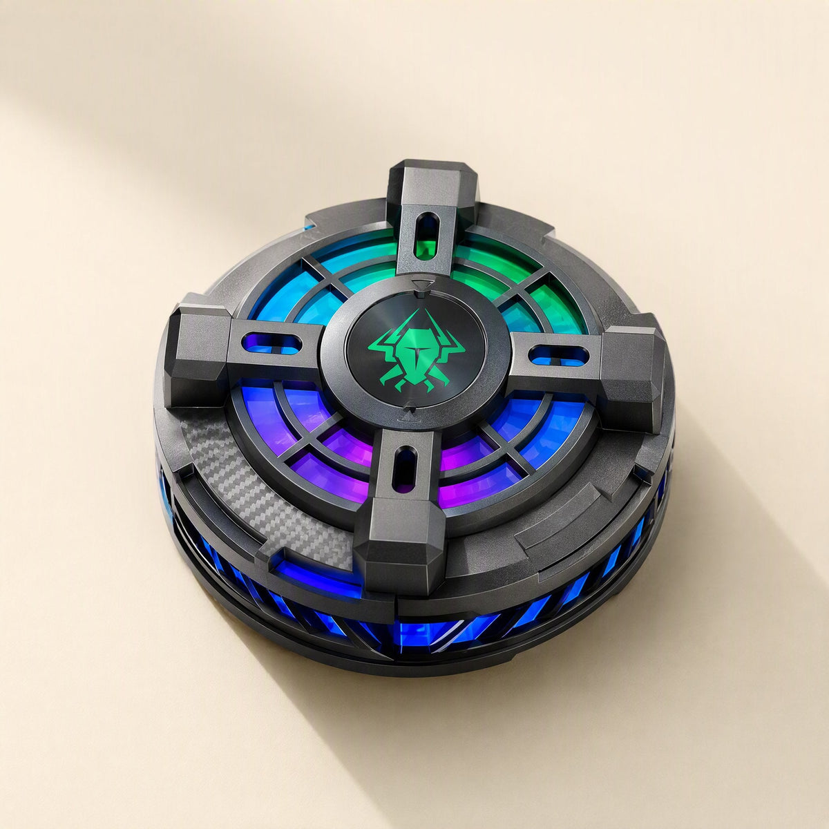 Chipfrost – Round gaming phone cooler with a green bug logo on the centre cap and blue and purple light, seen from above