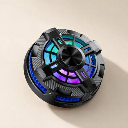 Chipfrost – Black magnetic phone radiator tilted on its side, showing blue side vents and carbon-pattern panels