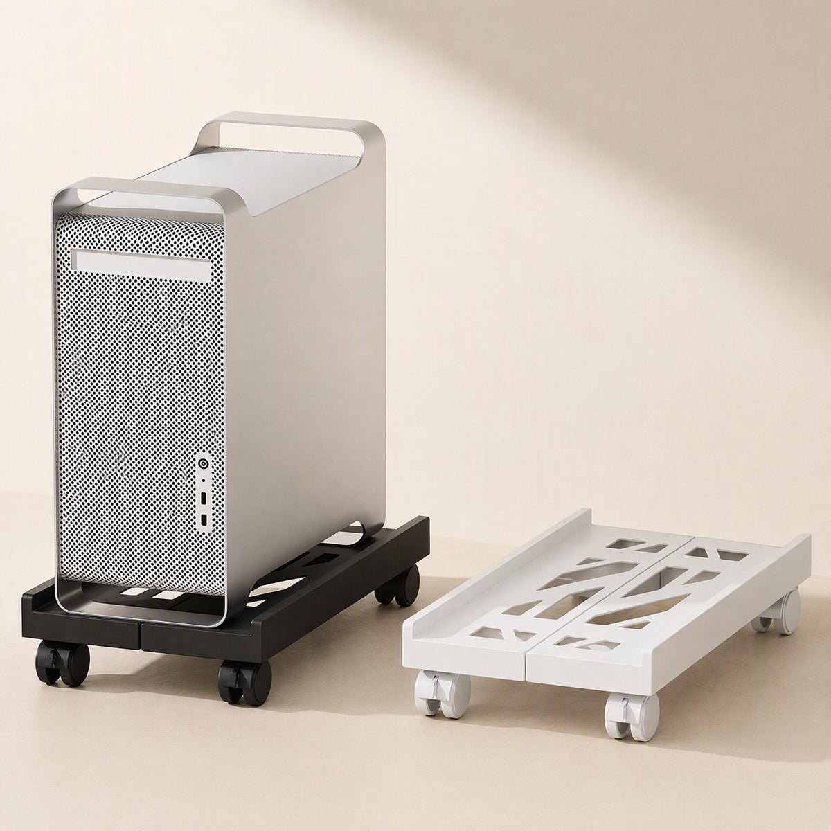 Towerroll Retractable Computer Host Rack with a silver PC tower on the black one beside a white one