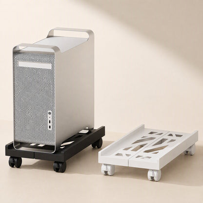 Towerroll Retractable Computer Host Rack with a silver PC tower on the black one beside a white one