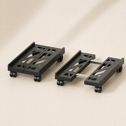 Towerroll – Two black racks side by side, one collapsed and one extended with silver crossbars visible