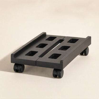 Towerroll Retractable Computer Host Rack – black rack with wheeled base and rectangular cutouts, shown from a low front angle