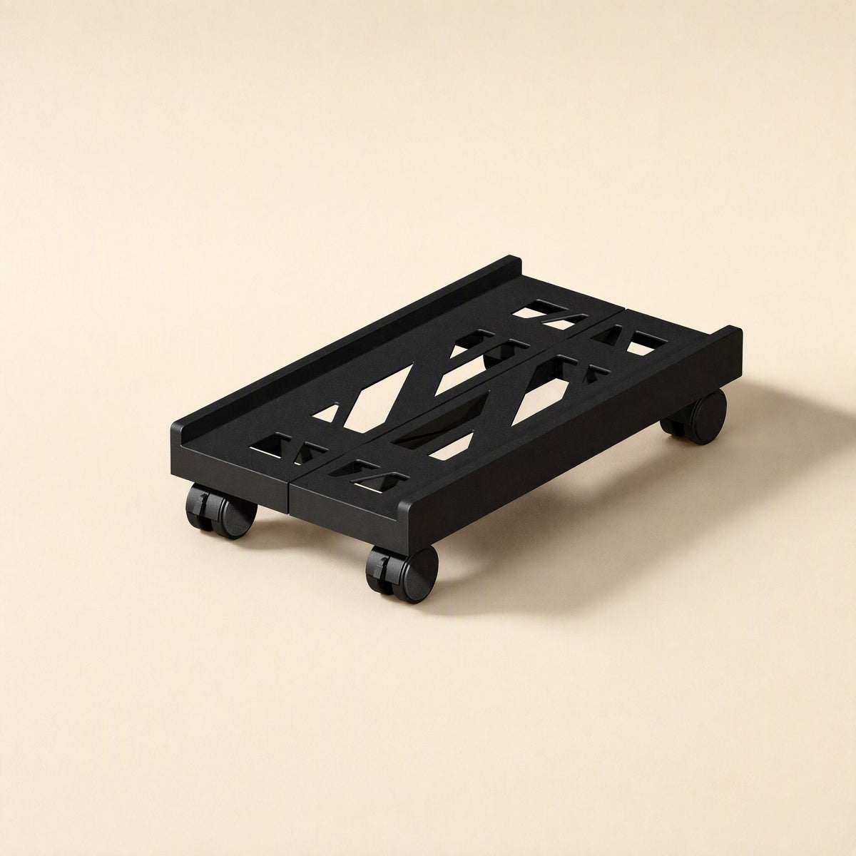 Towerroll – Black wheeled rack with a lattice cutout deck and raised side rails on a beige background