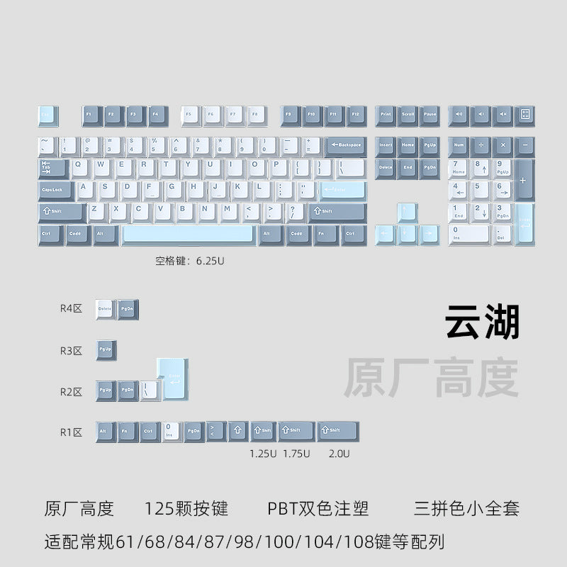 Cloudira PBT keycap set layout diagram in slate blue and white with R1–R4 row labels and key size markings