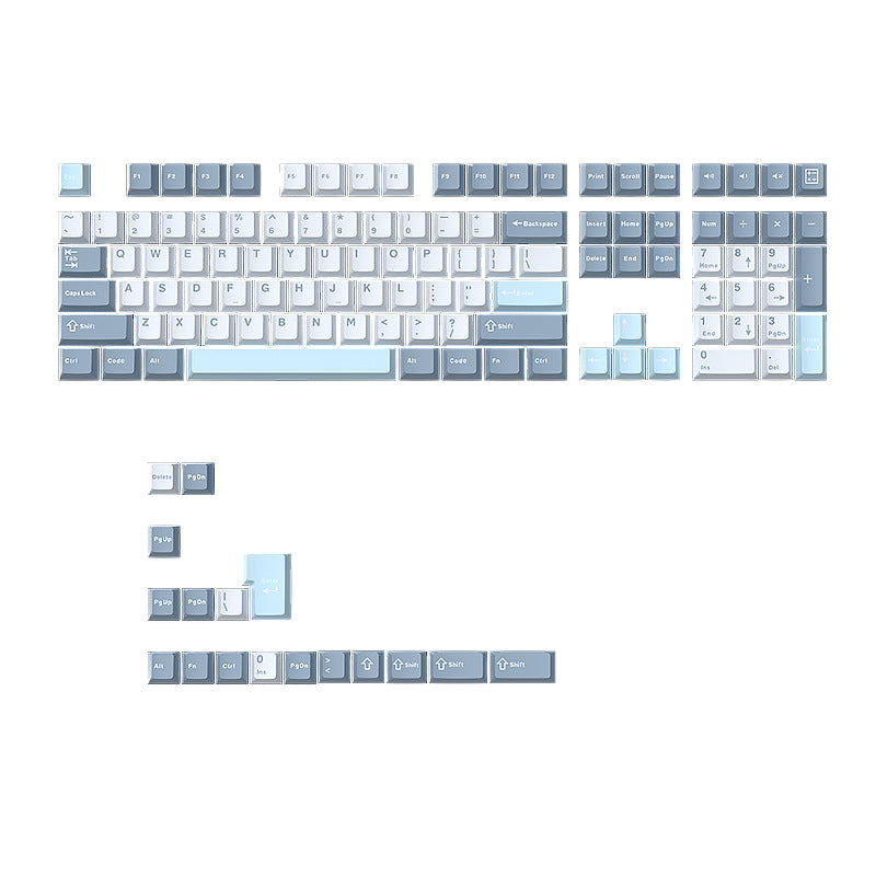 Cloudira – Keycap set on a white background, showing all keys in light blue, white and grey with extra keys below
