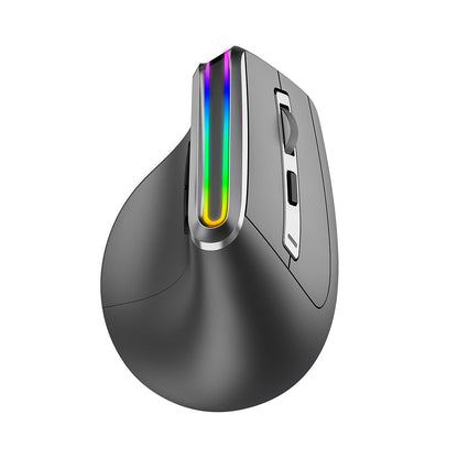 Bluetilt – Front three-quarter view of the dark gray vertical mouse with a rainbow RGB strip, on a white background