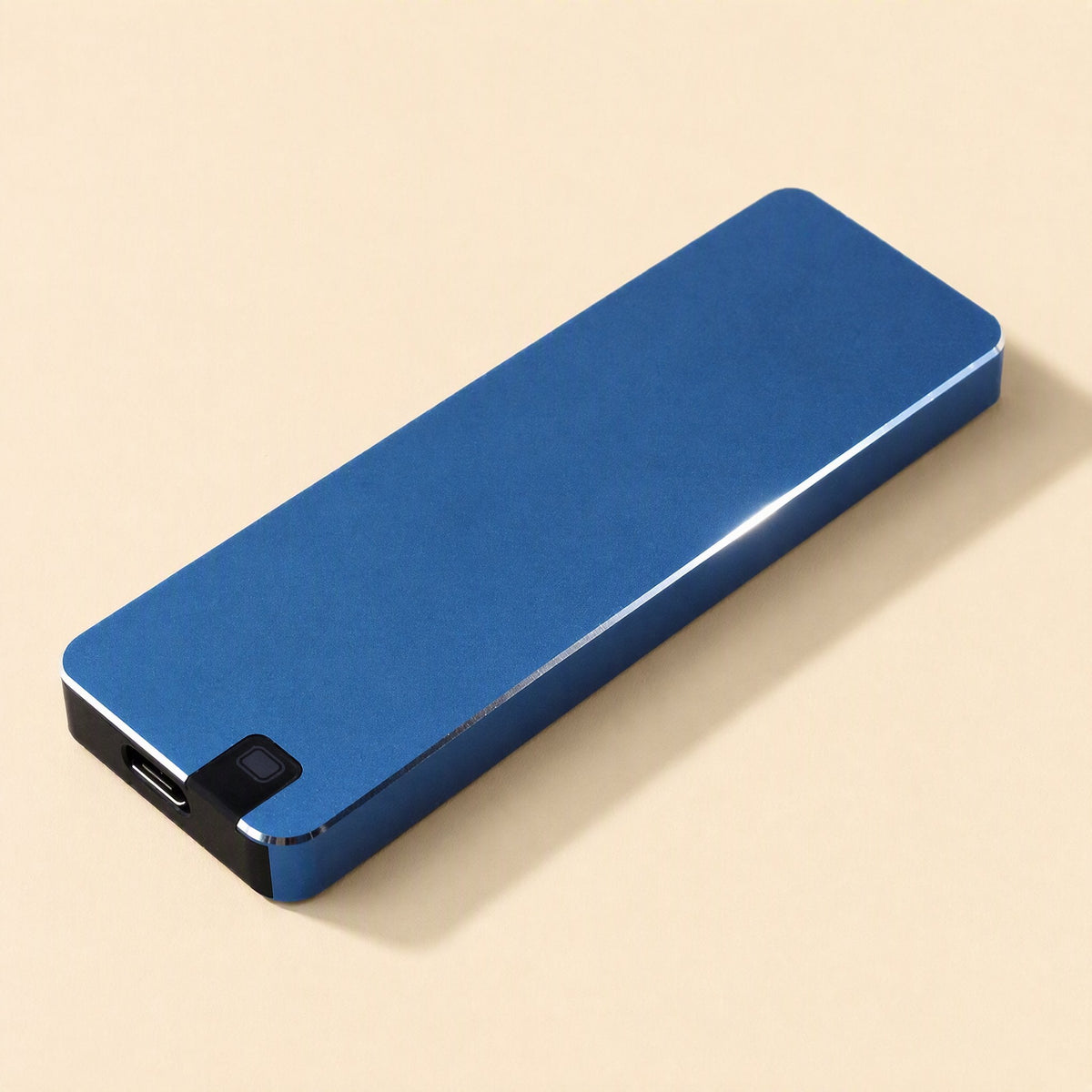 Bytecarry Portable Metal SSD – blue metal portable SSD at an angle, showing the USB-C port and indicator light at one end
