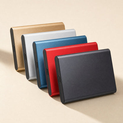 Shellswift Mobile Solid-State Drive in gold, silver, blue, red and black, lined up in a staggered row