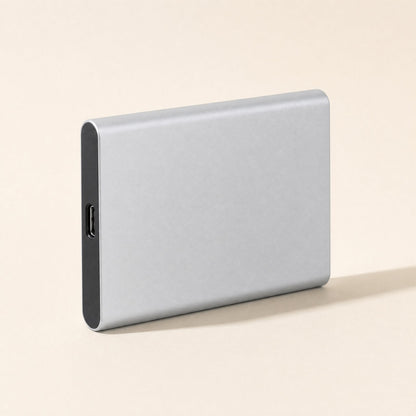 Shellswift – Silver metal portable drive standing on its long edge, with the USB-C port on the dark end panel