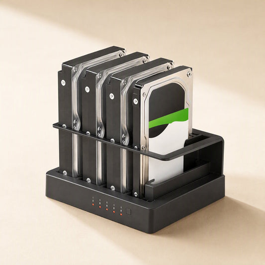 Baydock – Front angled view of the black dock holding four drives in a row, with indicator lights along the base