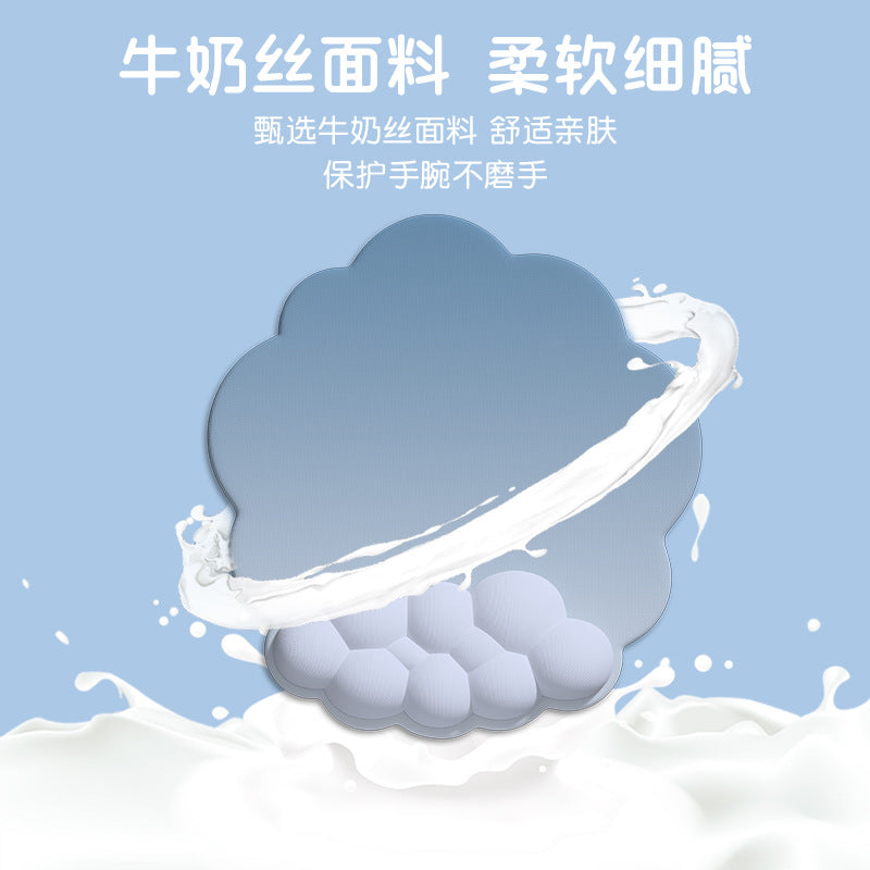 Wristnest – Blue gradient cloud mouse pad with wrist rest, splashed with milk, beside Chinese text about milk silk fabric