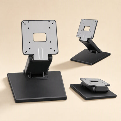 Viewtilt Folding Monitor Stand shown upright, folded flat, and tilted on a beige background