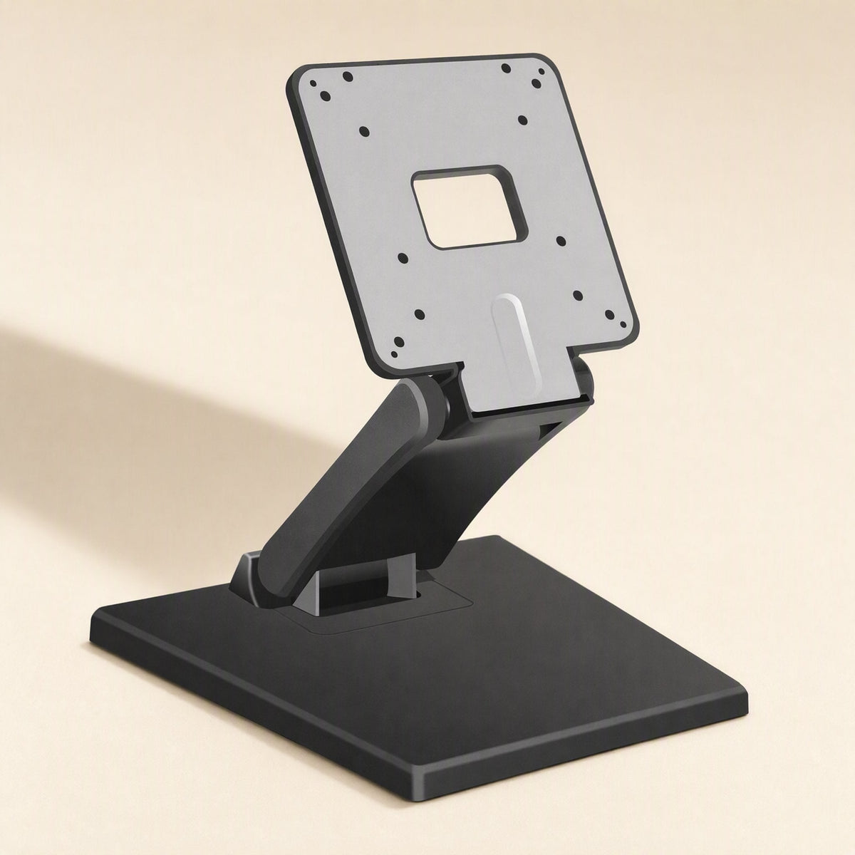 Viewtilt Folding Monitor Stand – angled side view of the stand with the mounting plate tilted back on its hinged arm