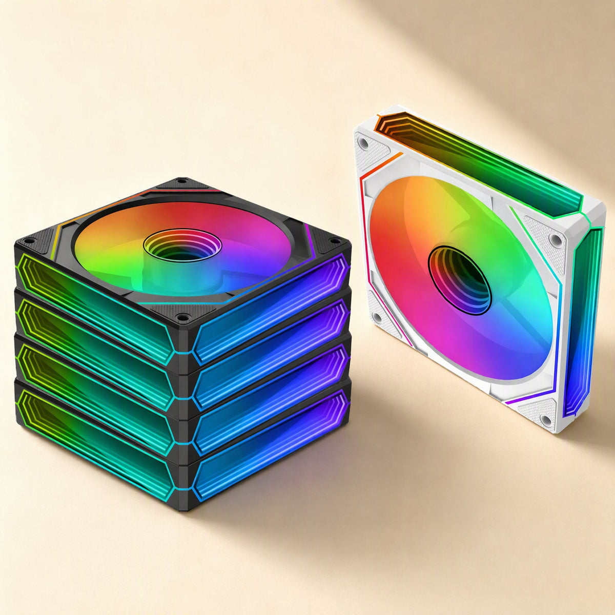 Prismchill ARGB 120mm chassis fan: stack of four black fans beside a white one, rainbow-lit frames
