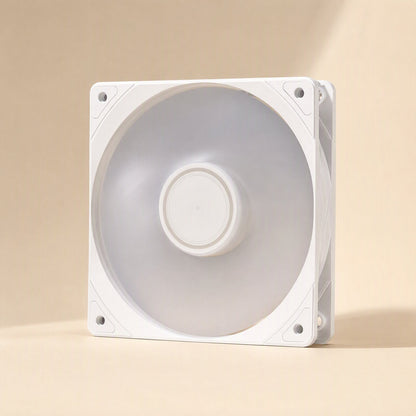 Prismchill – White 120mm fan with frosted center hub, seen from the front on a beige background