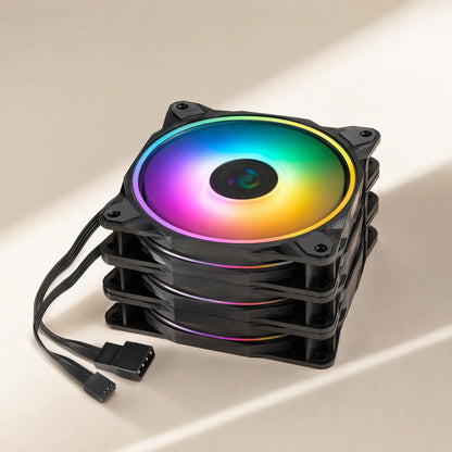 Prismchill – Stack of four black ARGB fans with rainbow ring lighting and trailing cables with connectors