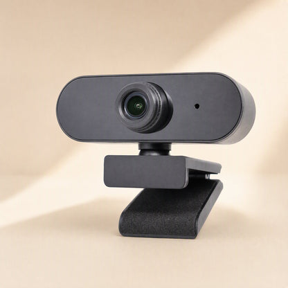 Talkview USB Camera, black webcam with built-in microphone on a clip stand, front view on a warm beige backdrop