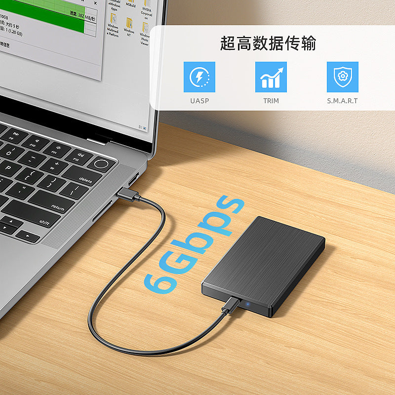 Shellink – Black enclosure on a wooden desk connected to a laptop by a short USB-C cable, with a blue indicator light