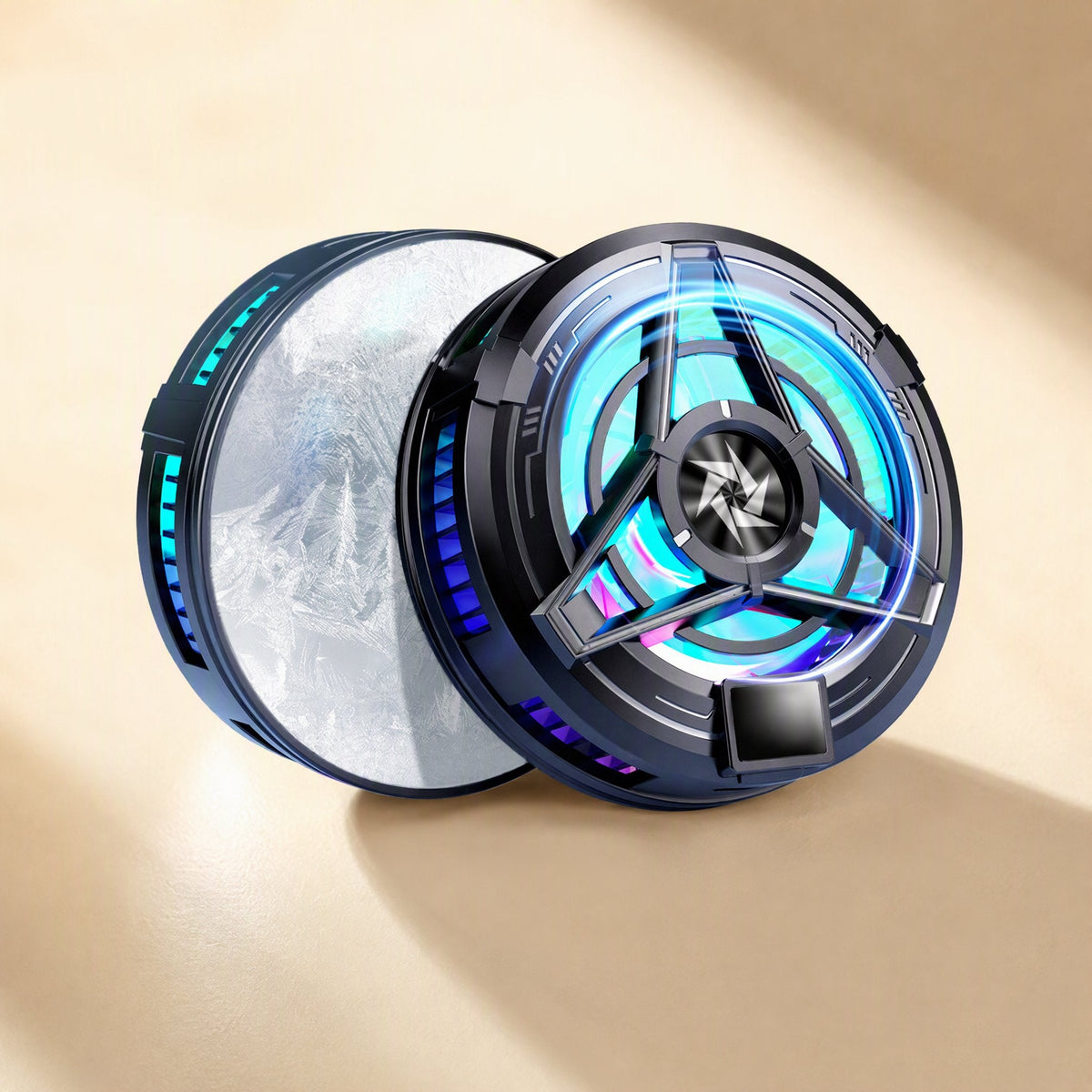 Frostcling Magnetic Phone Radiator with Back Clip, black with RGB fan beside its frosted cooling plate
