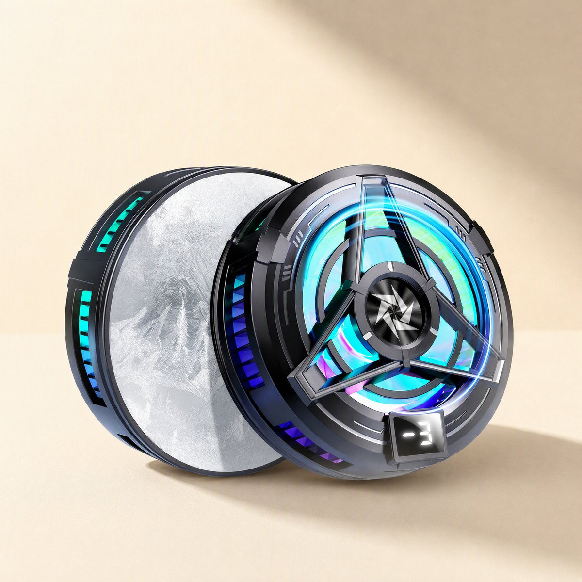 Frostcling – Black phone radiator with glowing RGB vents and small digital temperature display beside its icy cooling plate