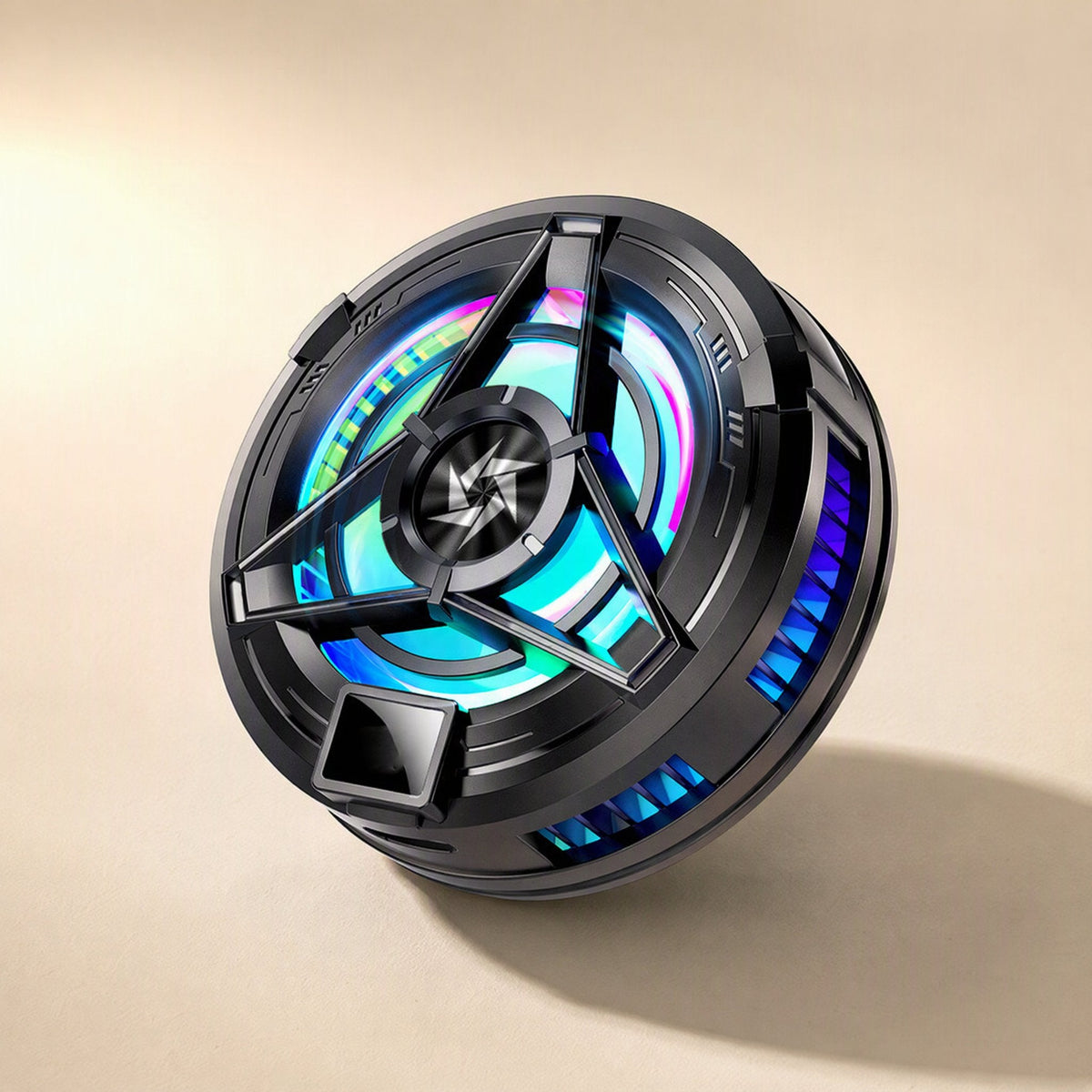 Frostcling – Black magnetic phone cooler seen from a three-quarter angle, with blue and purple lit side vents