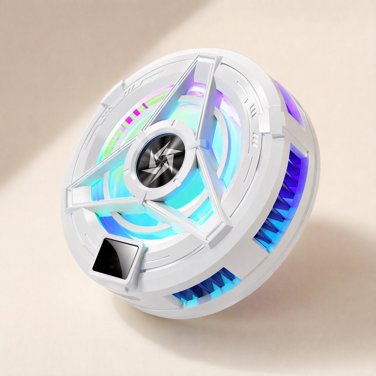 Frostcling – White version of the phone radiator at an angle, showing a pale RGB fan ring and small display window