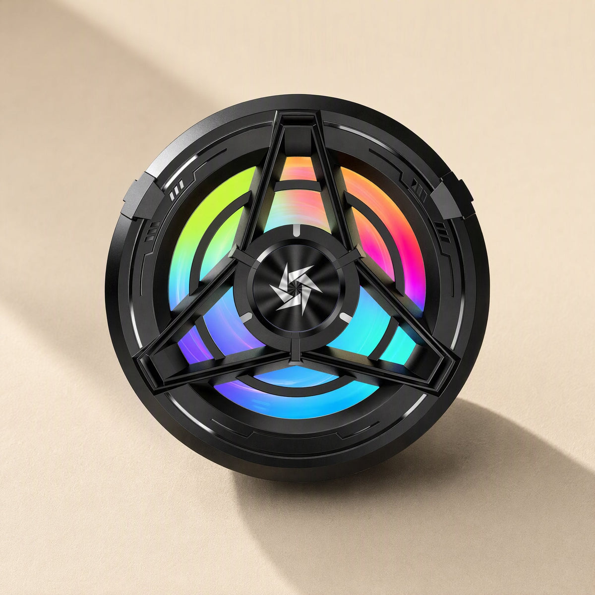 Frostcling – Front view of the black phone radiator with a rainbow-lit fan ring and three-spoke center hub