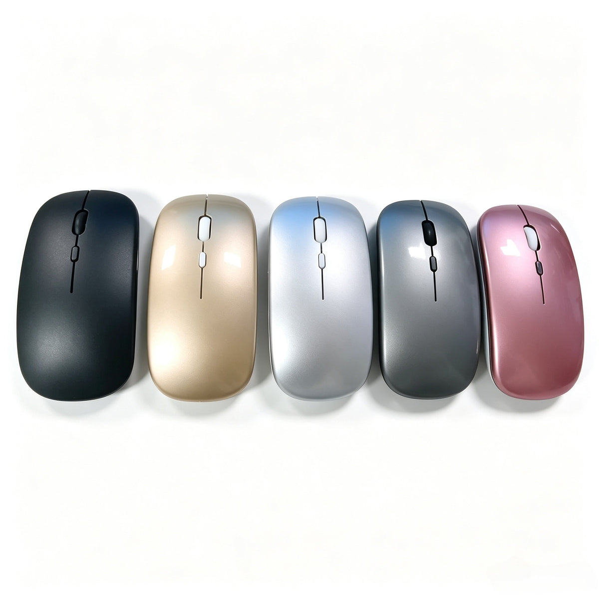 Hushglide – Five mice lined up in black, gold, silver, grey and rose pink, shown from above on a white background
