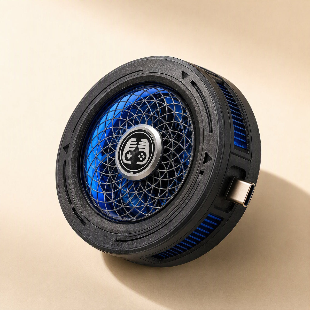 Frostread USB-C Phone Cooler, black round fan with blue blades and a gaming logo, USB-C plug at the side