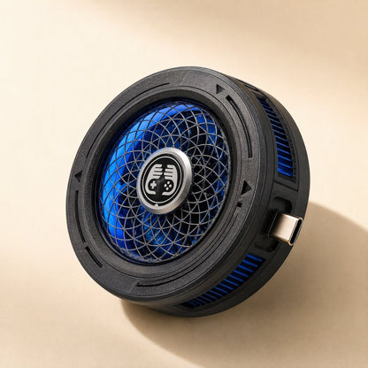 Frostread USB-C Phone Cooler, black round fan with blue blades and a gaming logo, USB-C plug at the side